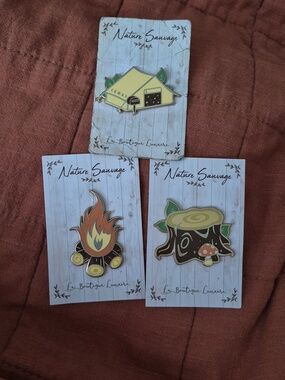 Nature Sauvage - CUTEST Enamel Pin Set - Yellow Tent, Campfire & Tree Stump